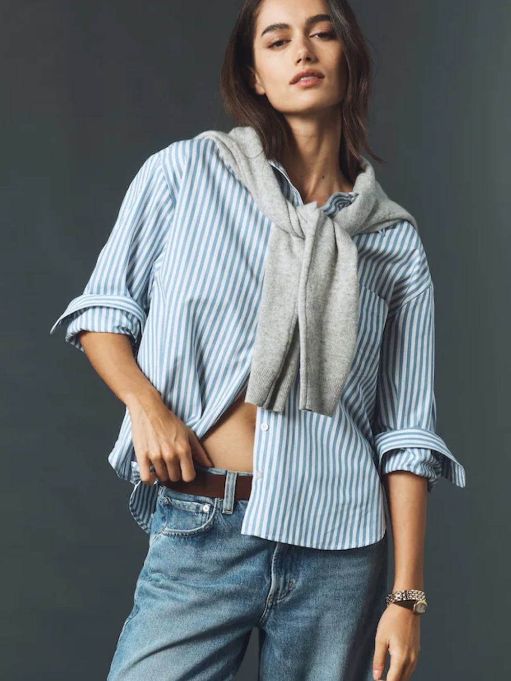 NWT ANTHROPOLOGIE MAEVE The Shrunken Bennet Buttondown Shirt Light Blue Stripe M